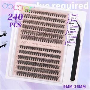 Self Adhesive Cluster Black Eyelashes 240PCS No Glue Reusable Wispy 9-16mm